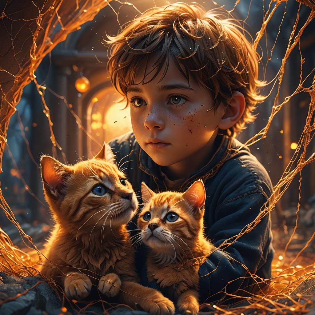 Boy with Puppy Cat in Golden Light