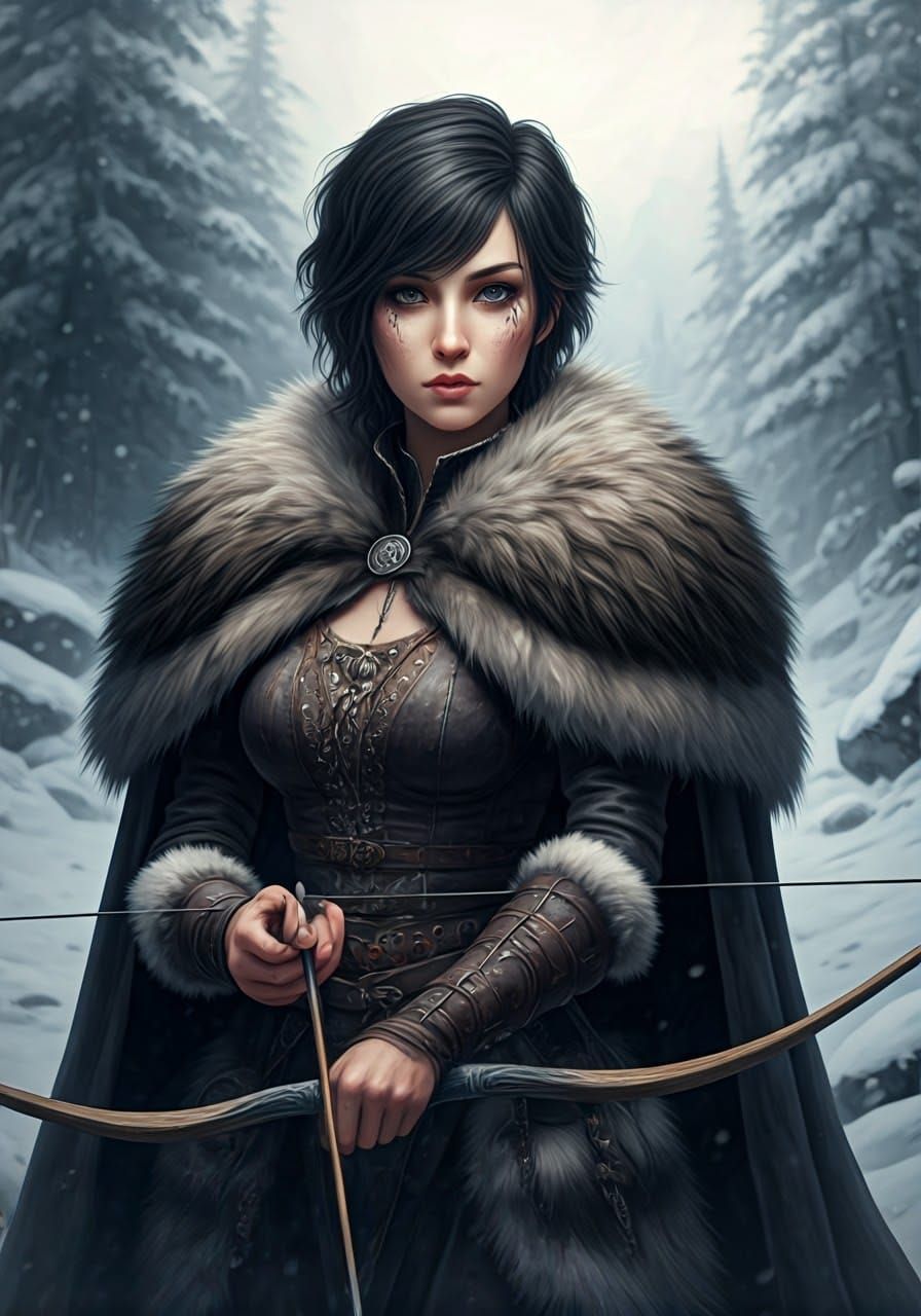 Fantasy Huntress in Snowy Forest with Bow