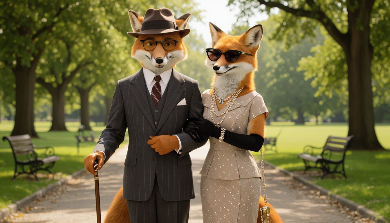 Elderly Fox Couple with Grandchildren in Vintage Park