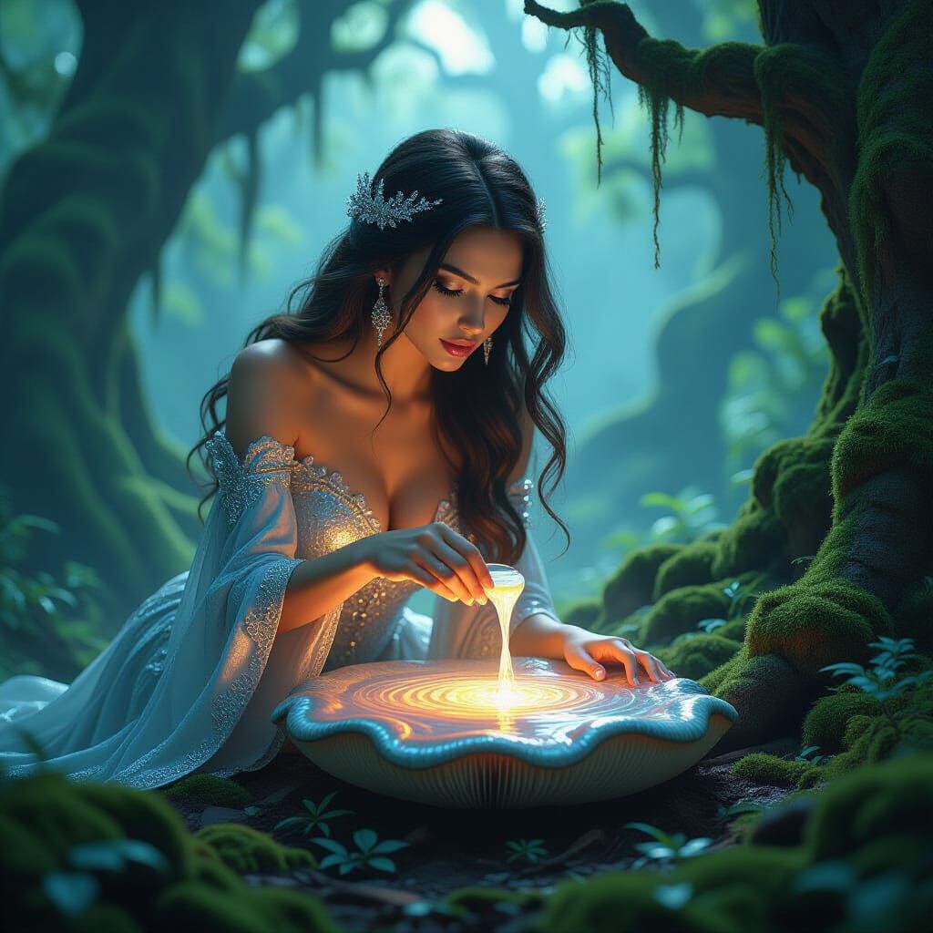 Enchanted Forest Potion Pouring Over Swirling Mushroom