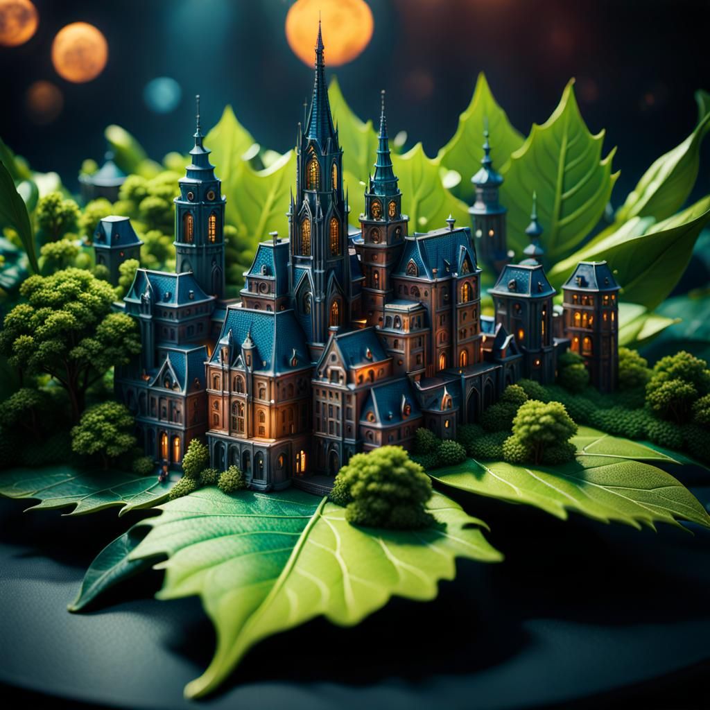 Miniature City on a Leaf: Surreal Concept Art