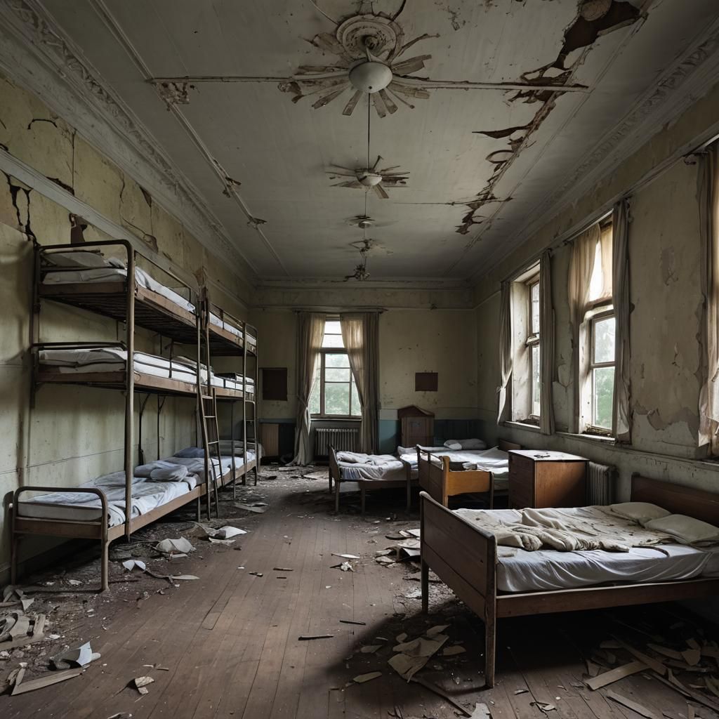Sinister Disused Orphanage Dormitory by Greg Rutkowski