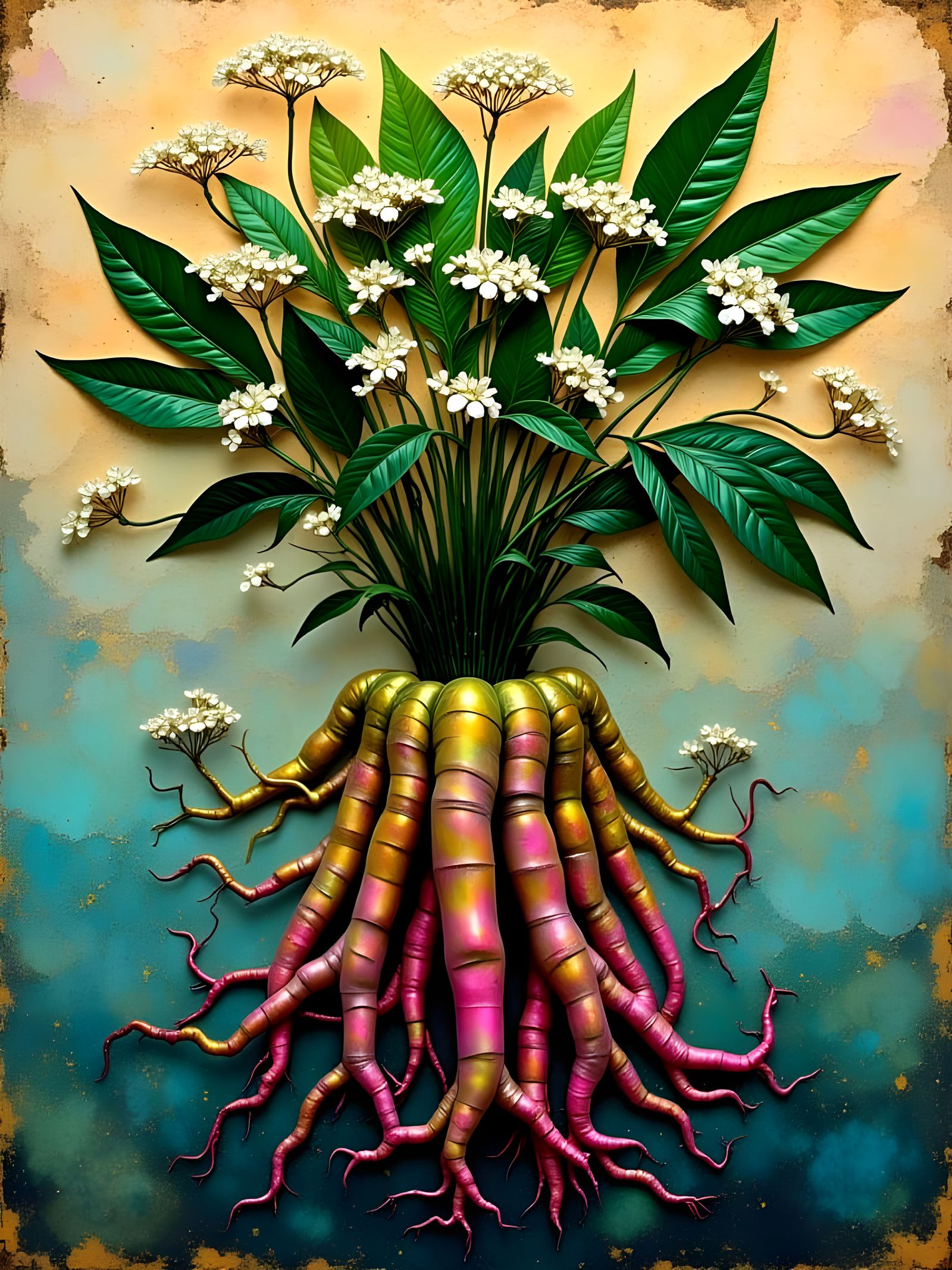 Hyperrealistic Ginseng Dreamscape in Vibrant, Iridescent Hue...