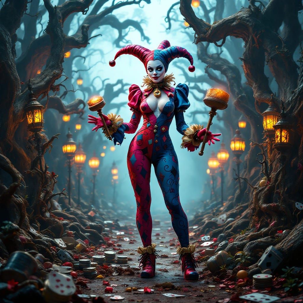 Harley Quinn in Dreamlike Carnival Landscape