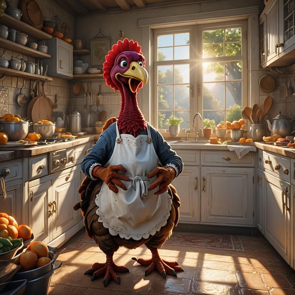 Anthropomorphic Turkey Family in Kitchen, Fantasy Art
