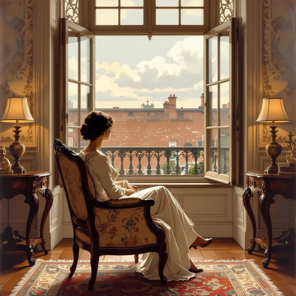 Elegant Lady in Vintage Armchair, Alphonse Mucha Style