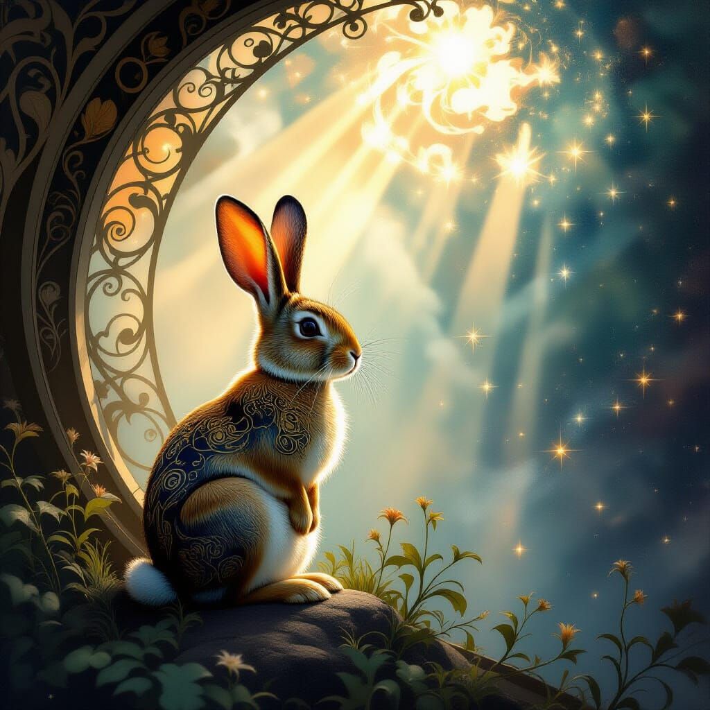 Art Nouveau Rabbit in Cosmic Nebula
