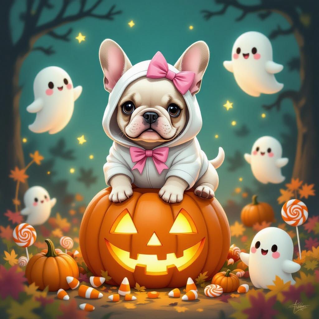 Adorable French Bulldog Ghost Puppy in Pumpkin Patch