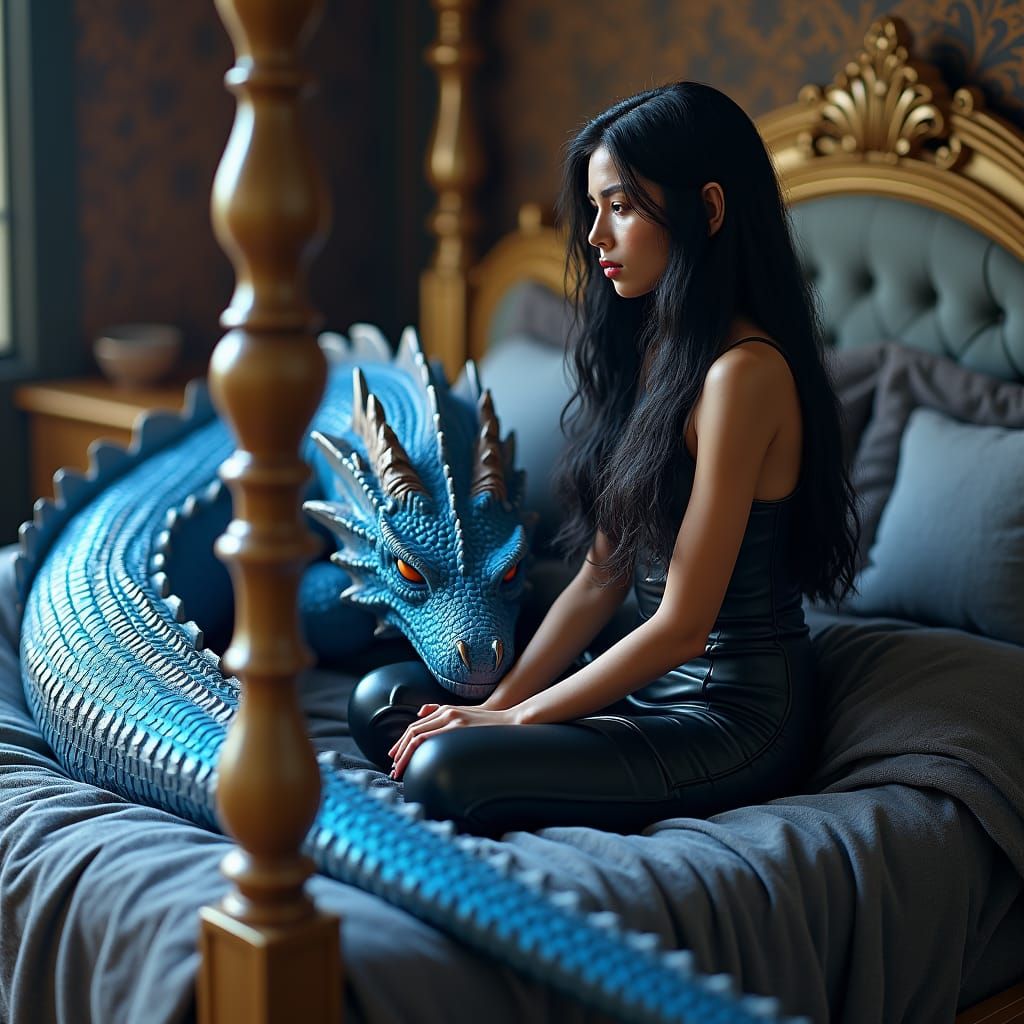 Woman and Dragon on Bed in Matte Painting Style