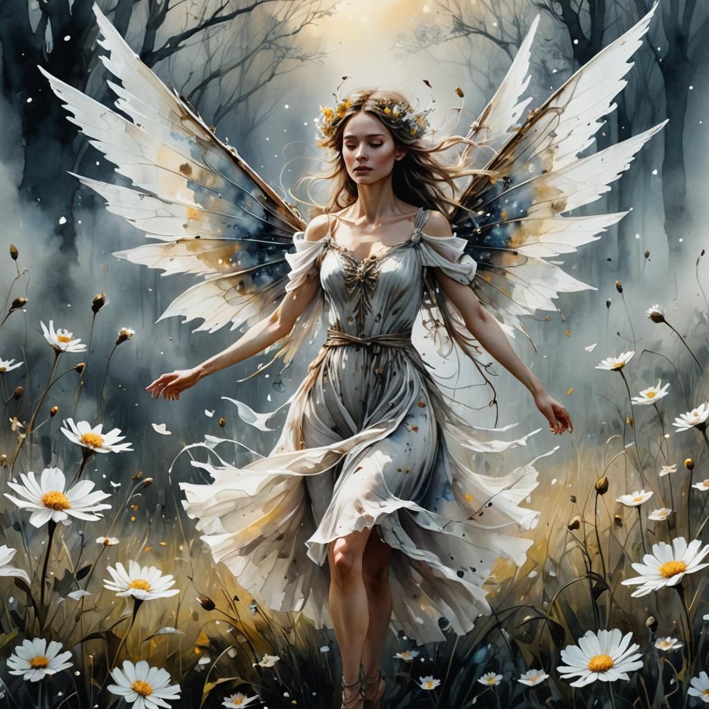 Fantasy Fairy in Flower Field, Watercolor Art