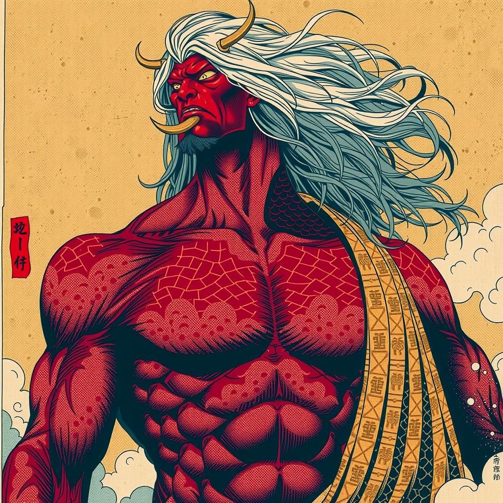 Muscular Red Oni Demon in Traditional Japanese Art
