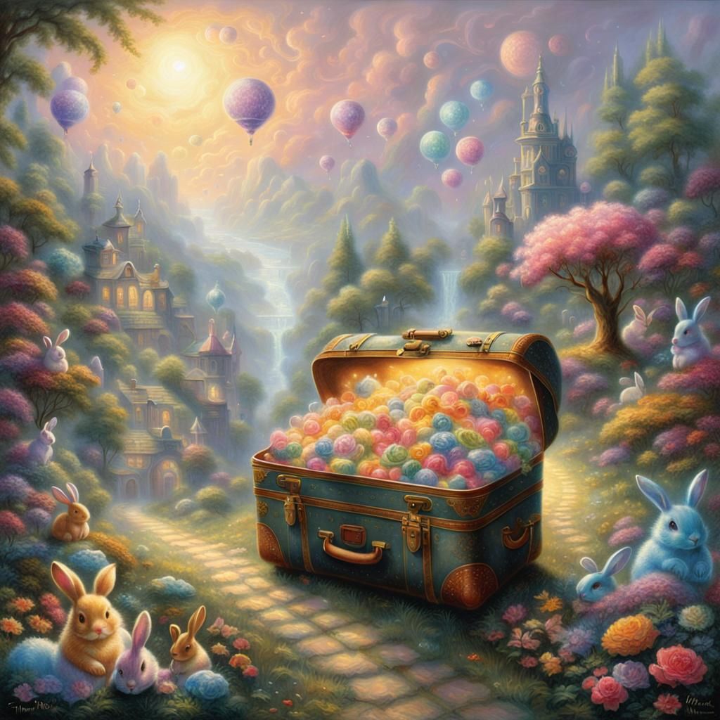 Cosmic Suitcase with Gummy Rabbits in Ethereal Style