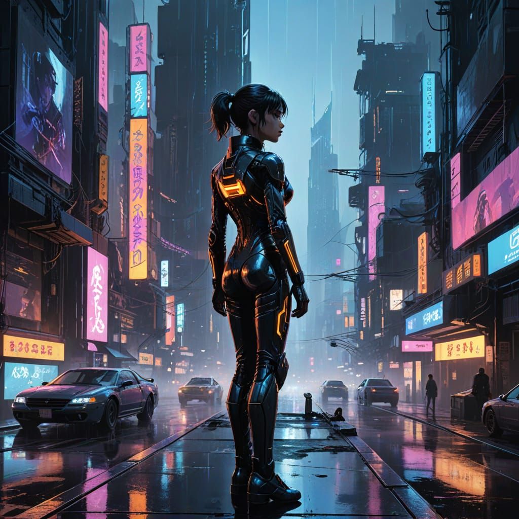 Cyberpunk Woman on Rooftop Overlooking Neon City