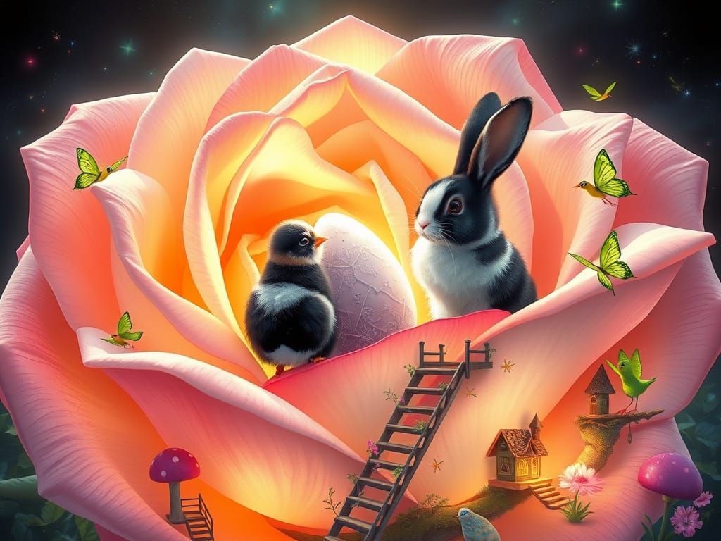 Easter Bunny and Chick in Giant Rose Fairyland