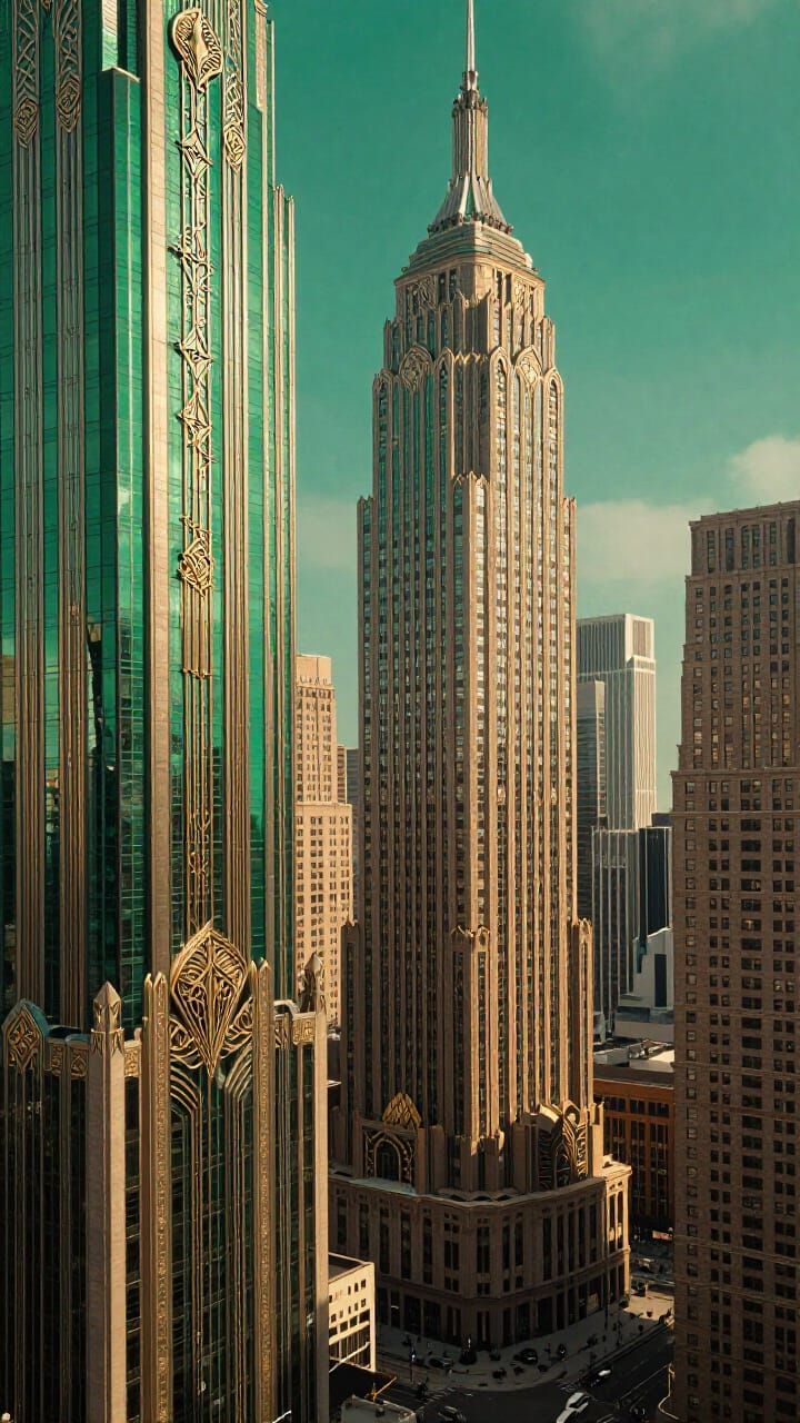 Art Deco Cityscape with Atomic Punk Skyscrapers
