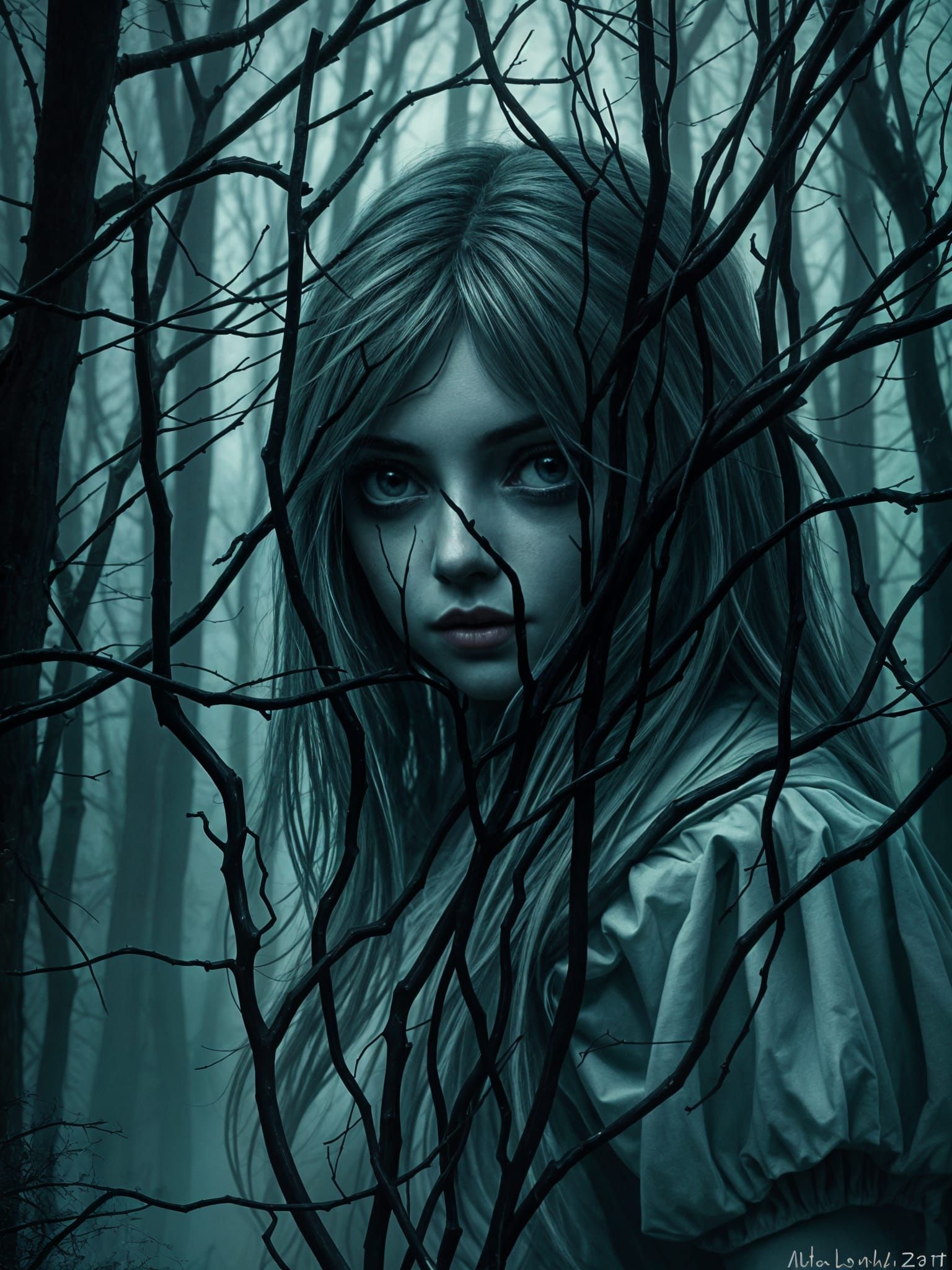 Alice in Dark Forest: Beksinski-Inspired Double Exposure
