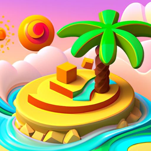 Cartoon Tropical Island with Swirling Sun, Cubist Style