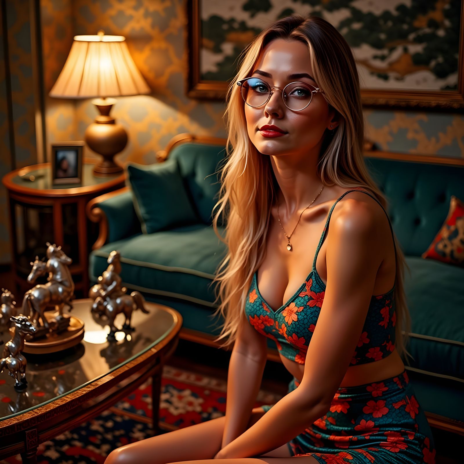 A Tall Blonde Woman Smiles in a Dimly Lit Living Room
