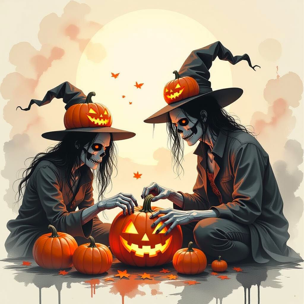 Zombies Craft Halloween Pumpkins in Ethereal Sketch Style