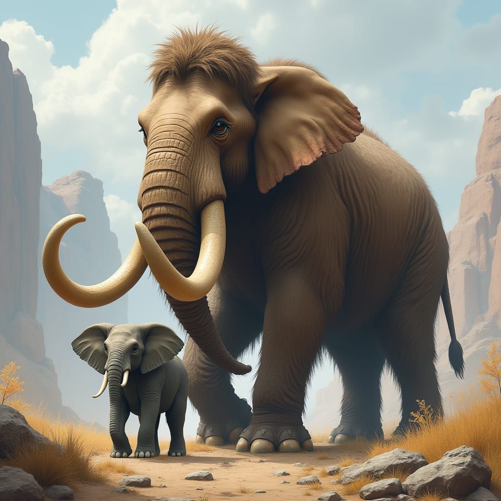 Wooly Mammoth Meets Baby Elephant in Contrasting Landscapes