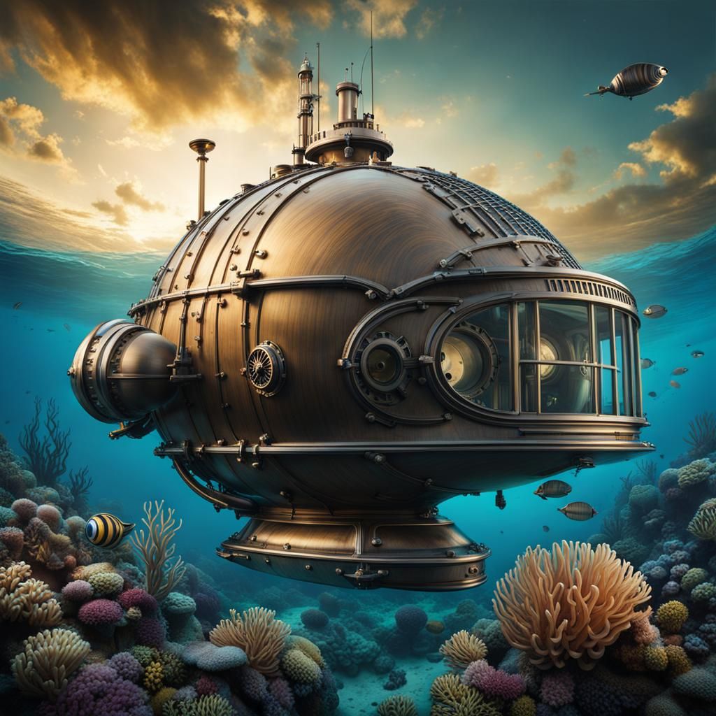 Nautilus Submersible in Jules Verne-Inspired Underwater Scen...