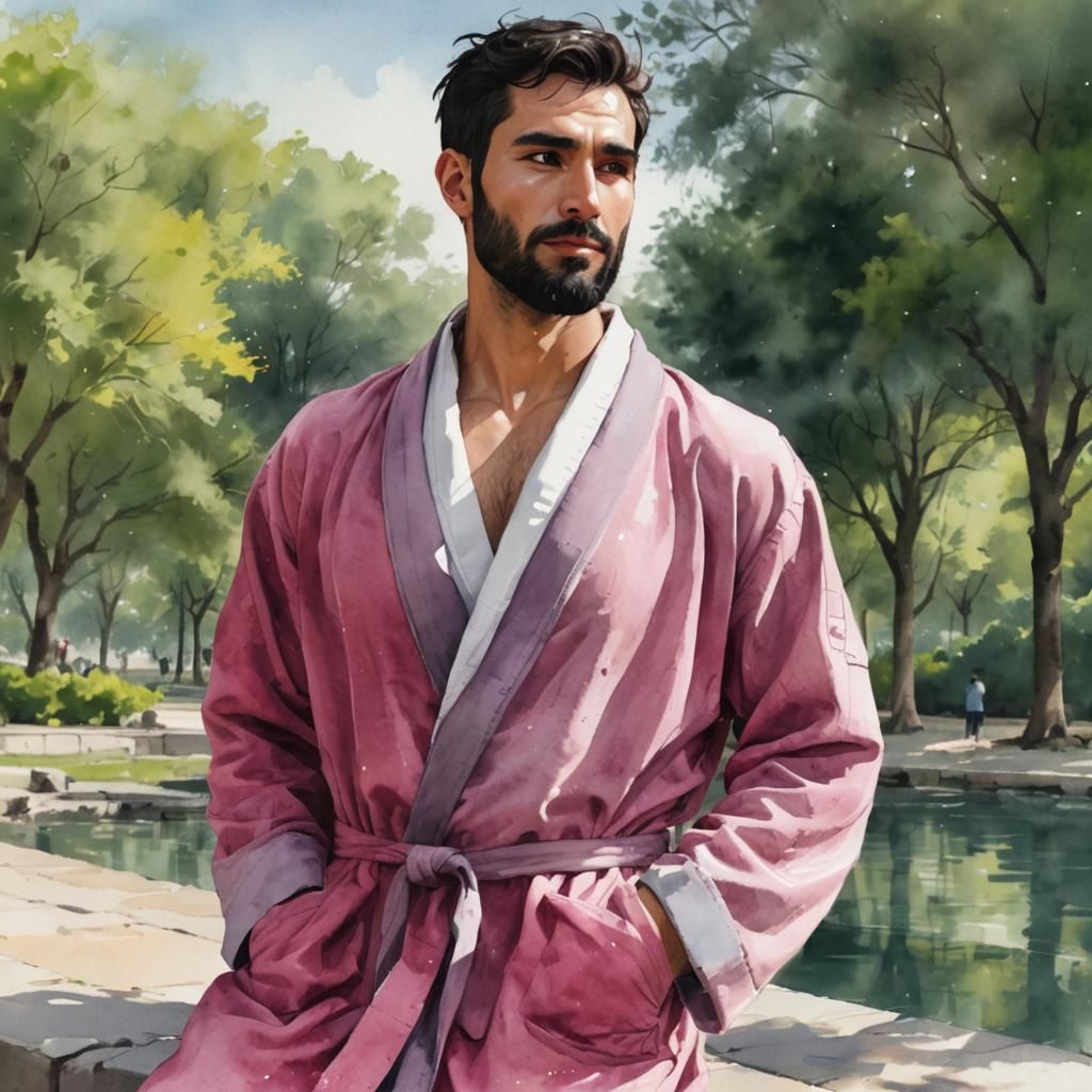 Cheerful Man in Pink Velour Robe, Alcohol Ink Style