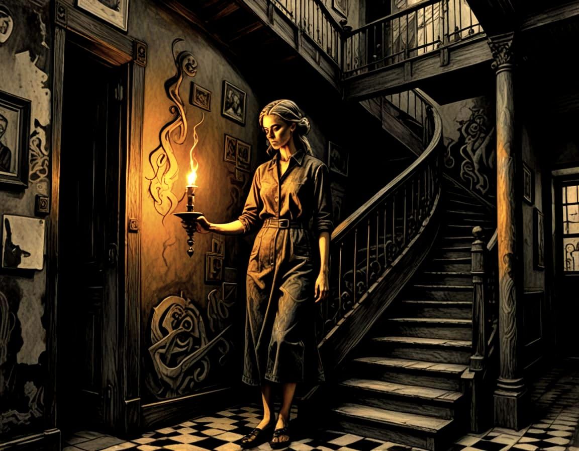 Escher-esque Figure Descending Stairs with Candle