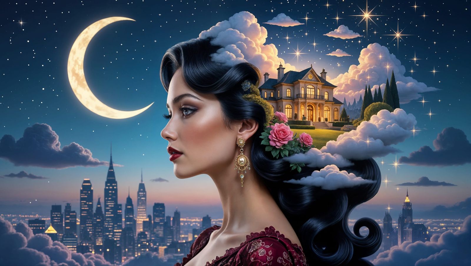 Elegant Woman Under Crescent Moonlit City Skyline