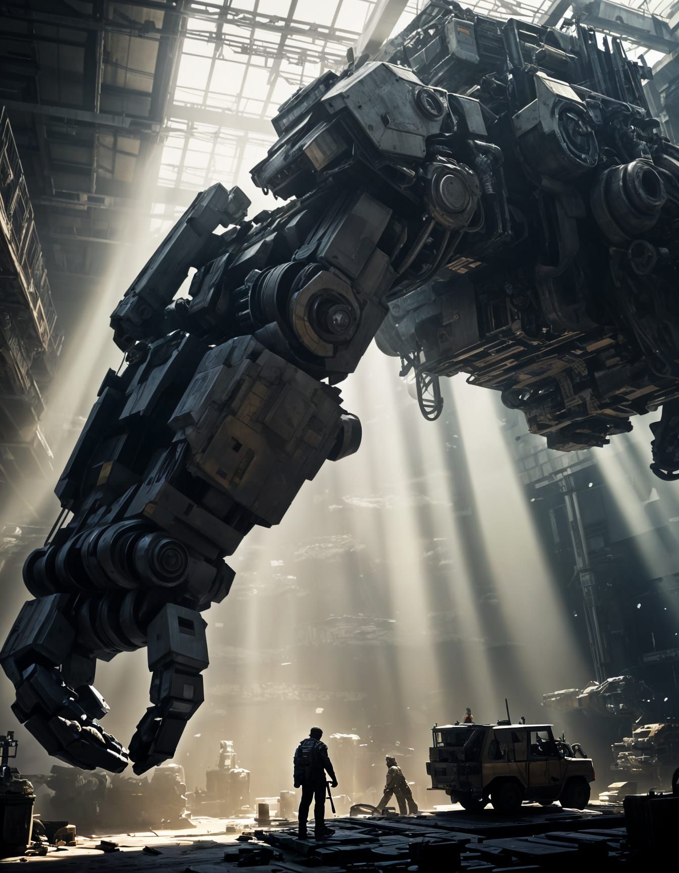 Epic Mech Arm in a Futuristic Hangar