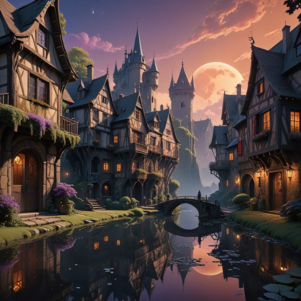 Misty French Village Under Golden Evening Skies