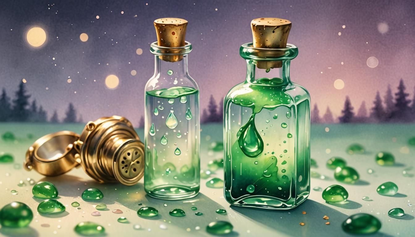 Magical Leprechaun Tears in Glass Vial, Watercolor Art