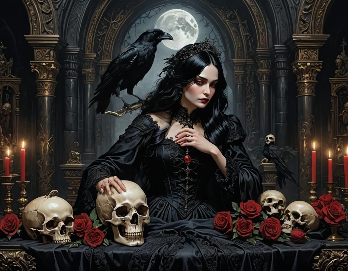 Gothic Lady with Raven and Roses
