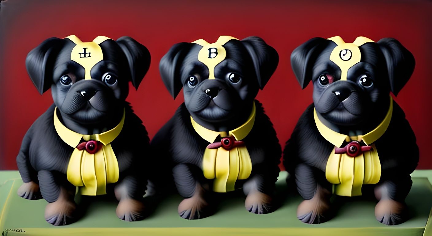 Whimsical Puppies in Rockwell Style Triptych