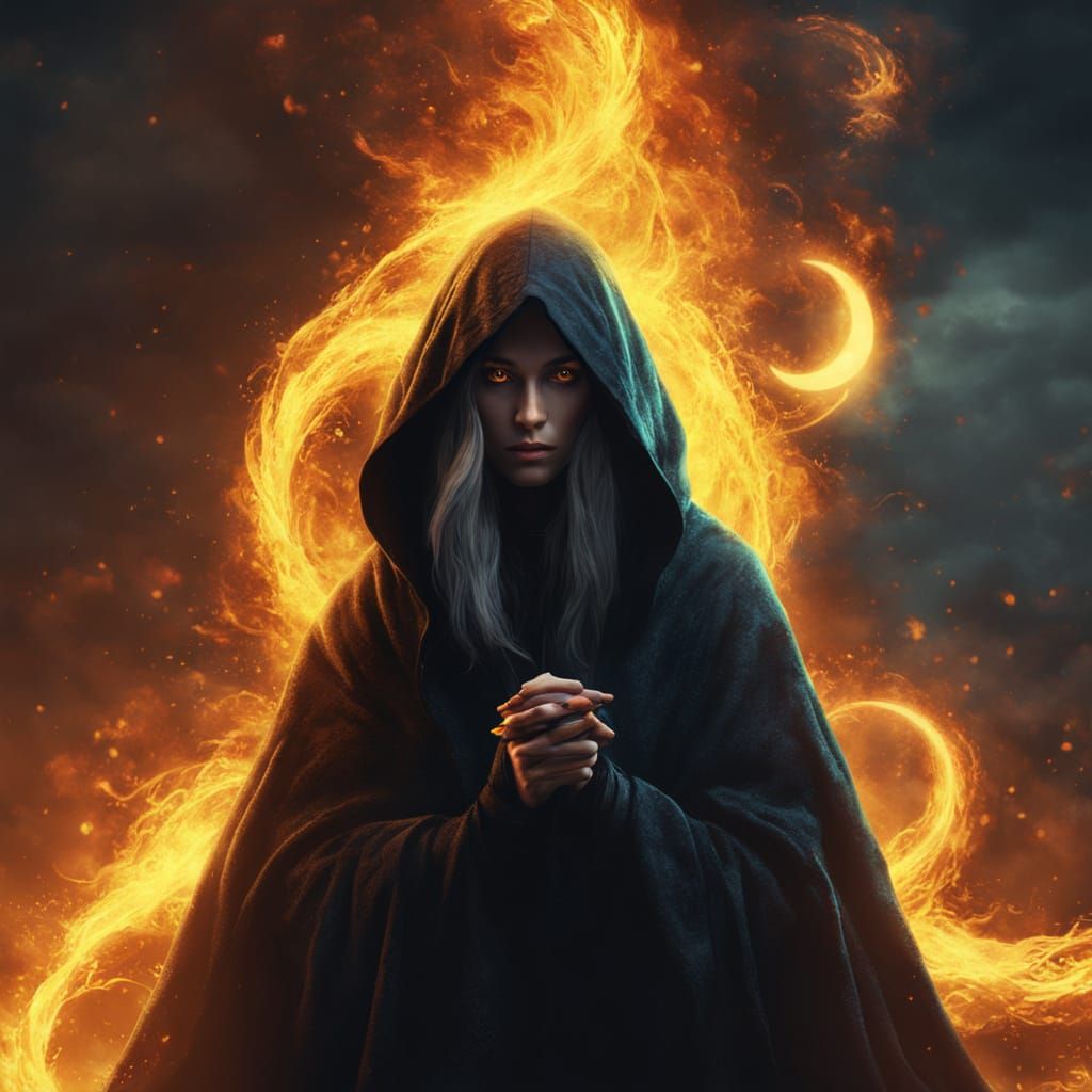 Mysterious Woman Conjuring Flames in Dark Fantasy Art