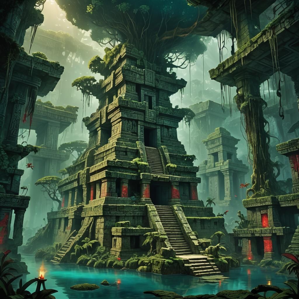 Majestic Mayan Temple in Xibalba's Depths