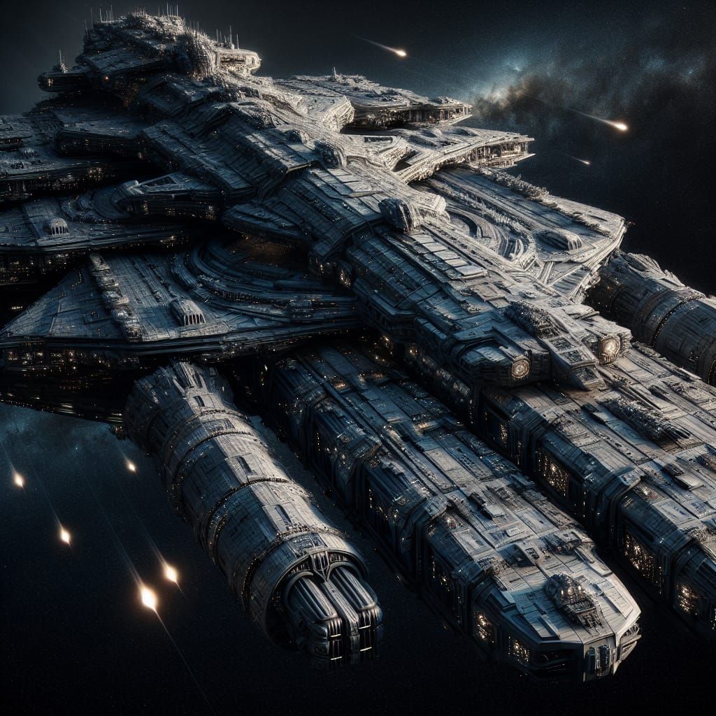 Colossal Spaceship Bristling with Weaponry in Deep Space
