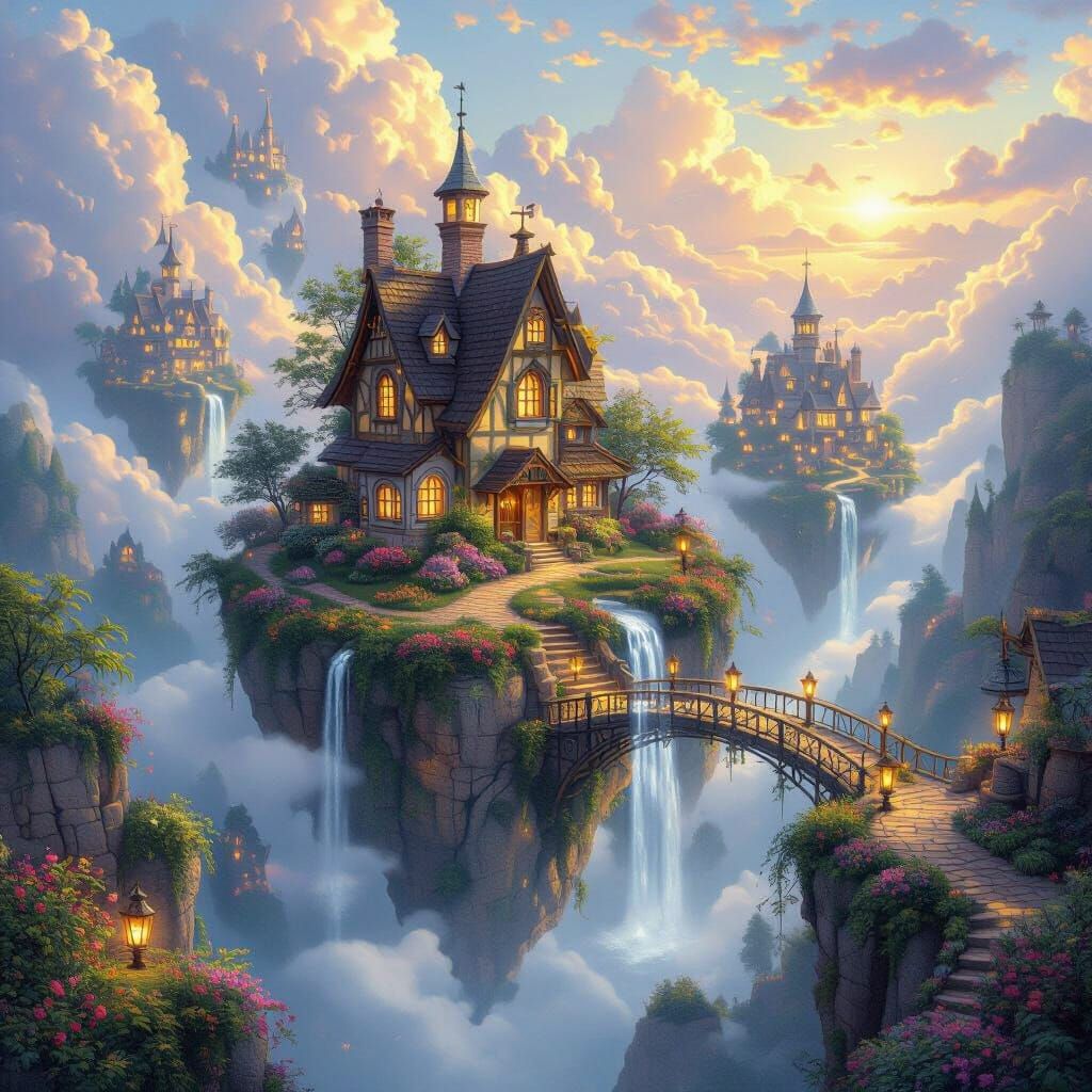 Enchanted Floating Village with Cascading Waterfalls