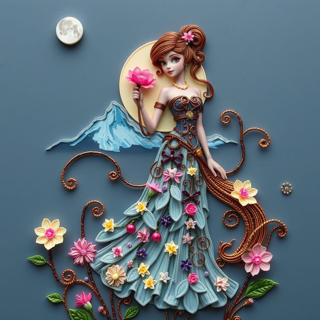 Steampunk Woman with Resin Flower Sculpture