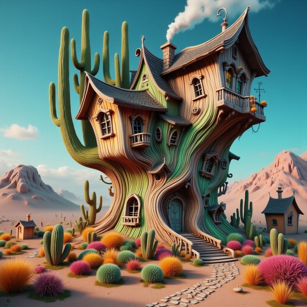 Rustic Treehouse in Cactus, Desert Dreamscape
