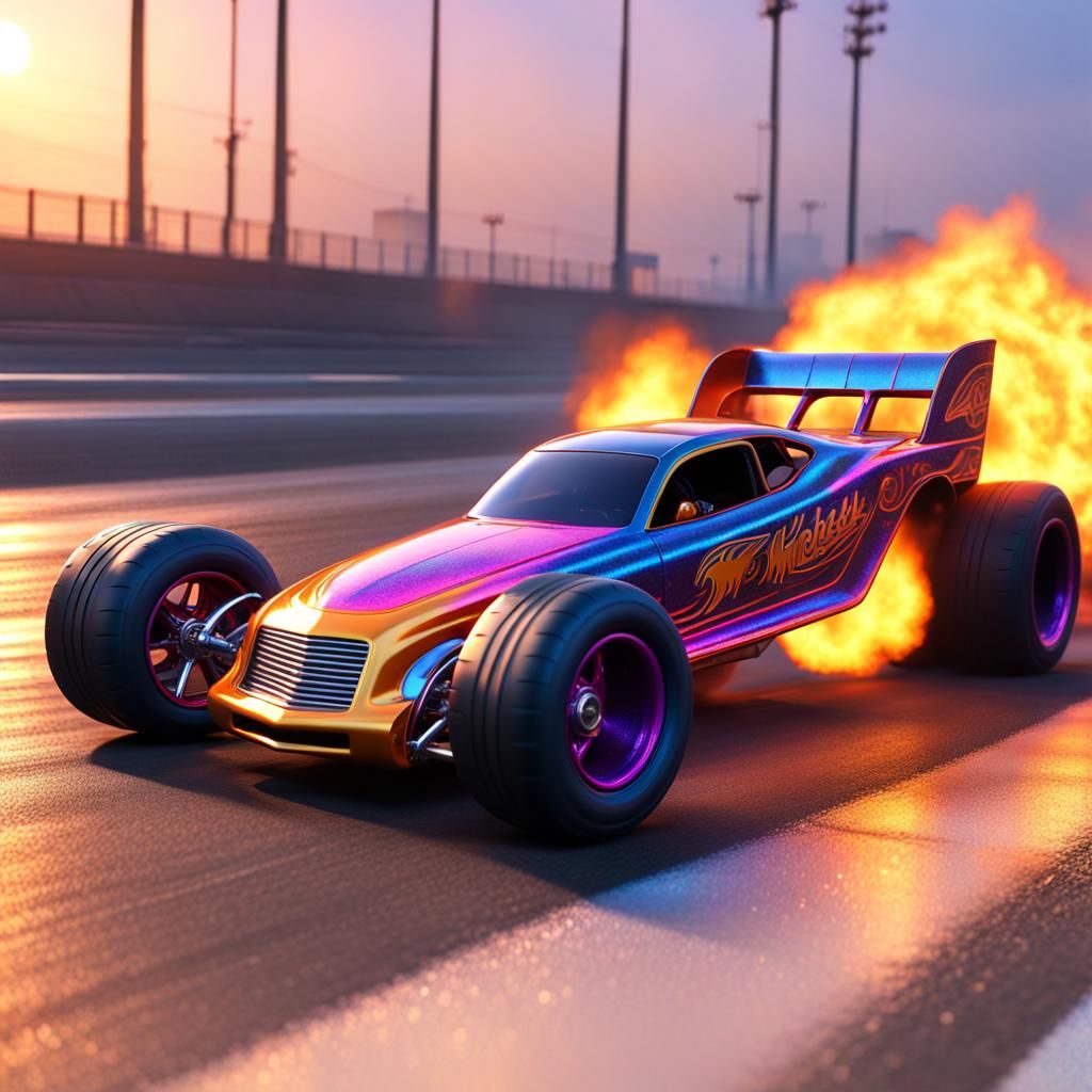 Hot Wheel Dragster Burning Out in 3D Rendering
