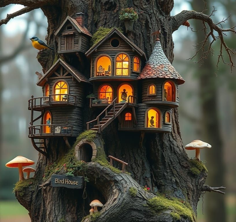 Detailed Birdhouse Village in Medieval Fantasy Style