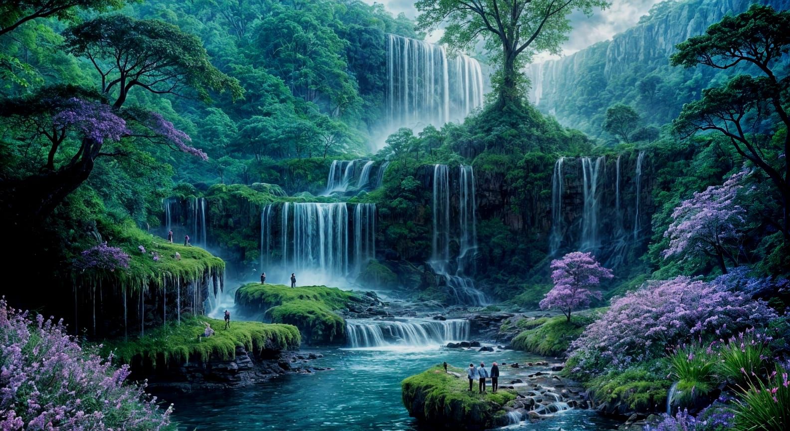 Surreal Amethyst Waterfall in a Fantasy Garden