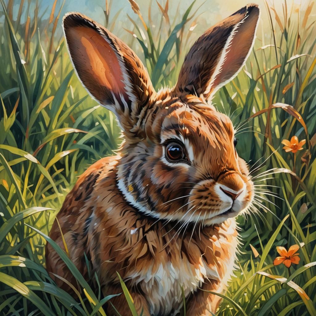 Cute Bunny in Grass: Whimsical Oil Painting