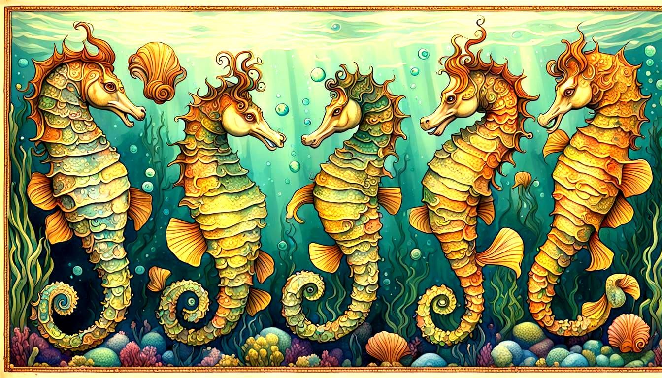 Underwater Scene with Seahorses, Mermaids, and Mermen