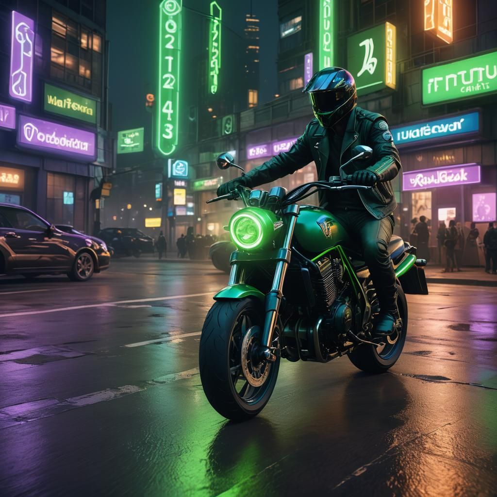 Biker on Green Motorcycle in Fantasy Concept Art