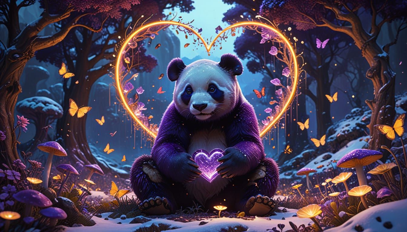 Surreal Fantasy Landscape with Purple Panda and Heart-Shaped...
