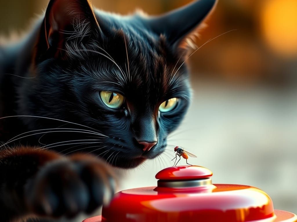 Sleek Black Cat Pounces on Red Button