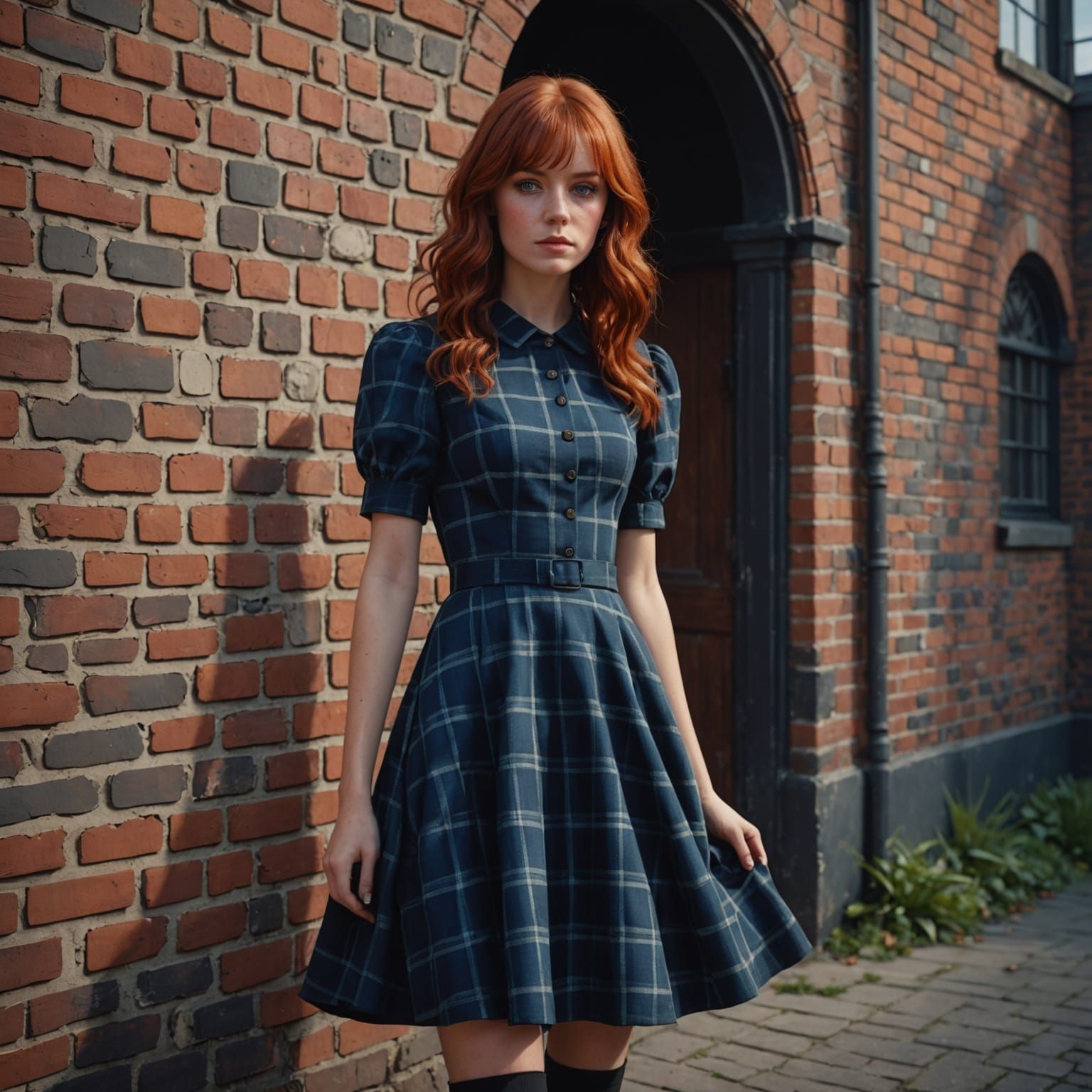 Surreal Fantasy Portrait of Redhead in Plaid Dress Against B...