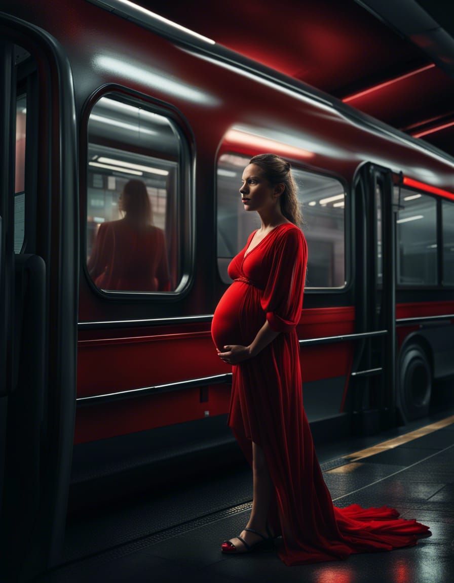 Pregnant Woman Boards Bus in Dramatic Digital Painting