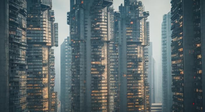 Cyberpunk Cityscape in Brutalist Style, Sharp Focus